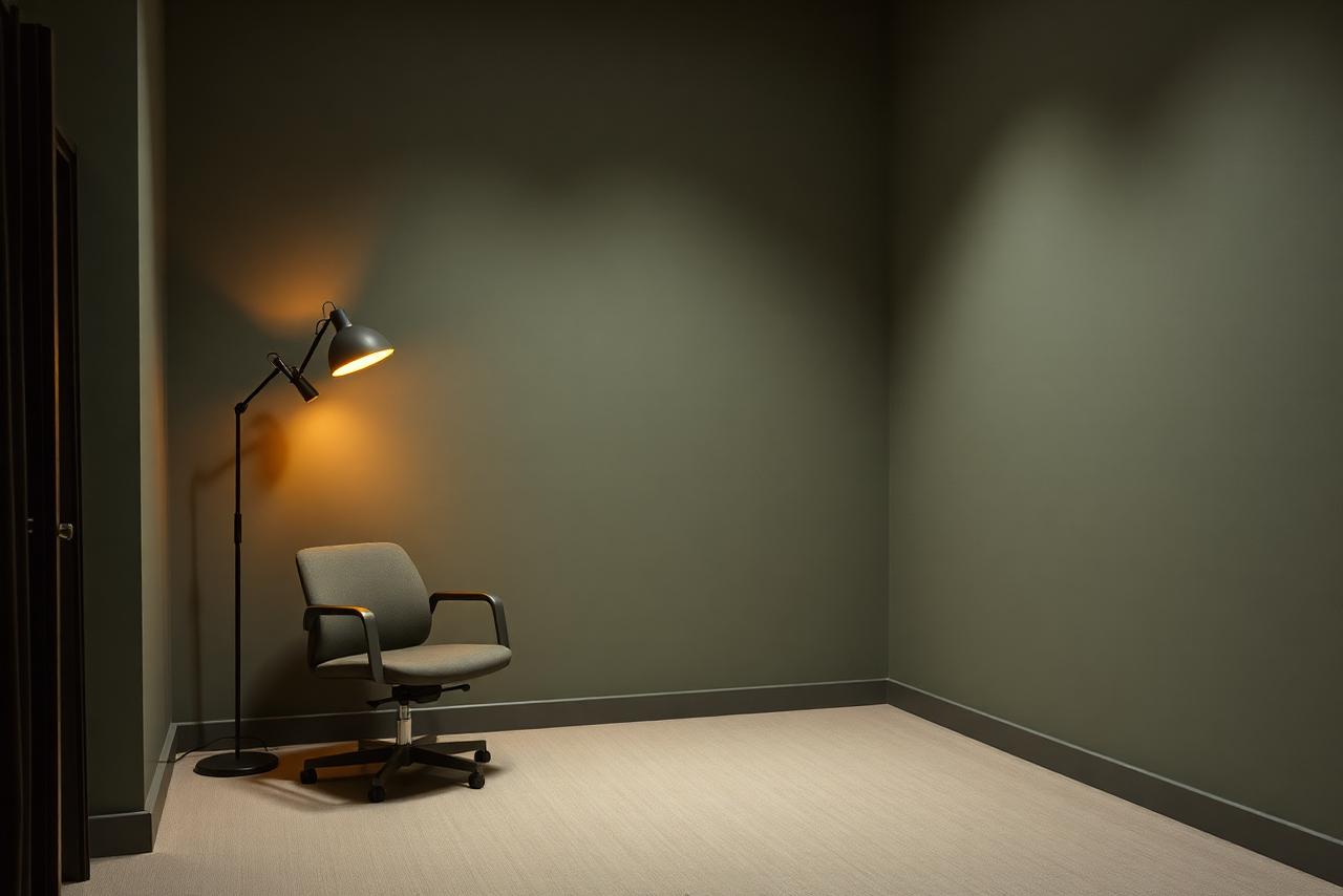 Coin de bureau silencieux éclairé par une lampe en fin de journée