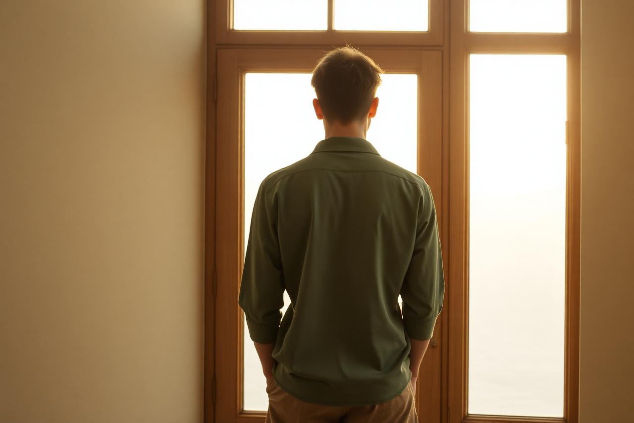 Personne de dos devant une grande fenêtre, lumière matinale douce