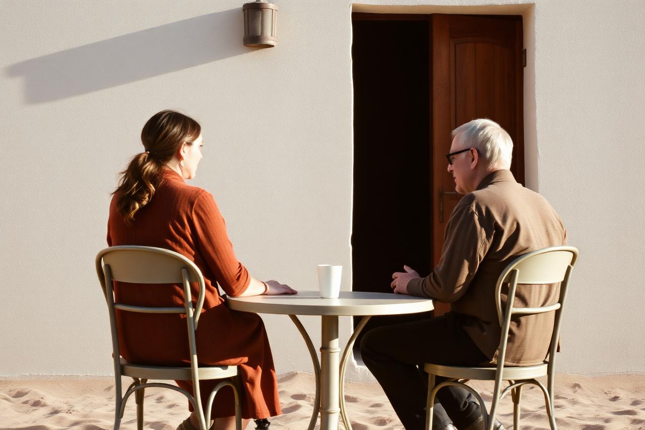 Deux personnes en conversation autour d'une petite table, lumière chaude