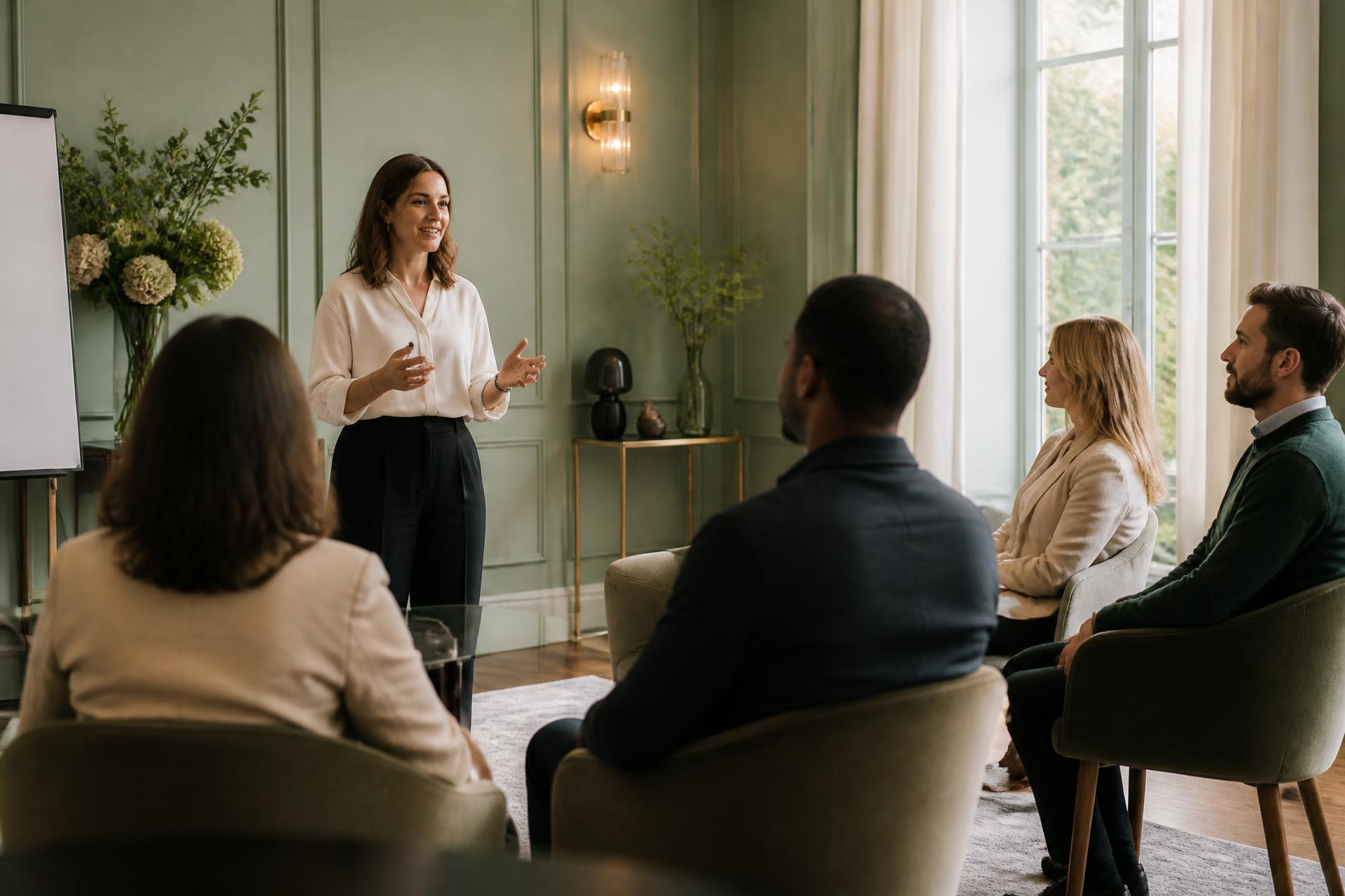 Session de formation en petit groupe dans une salle élégante