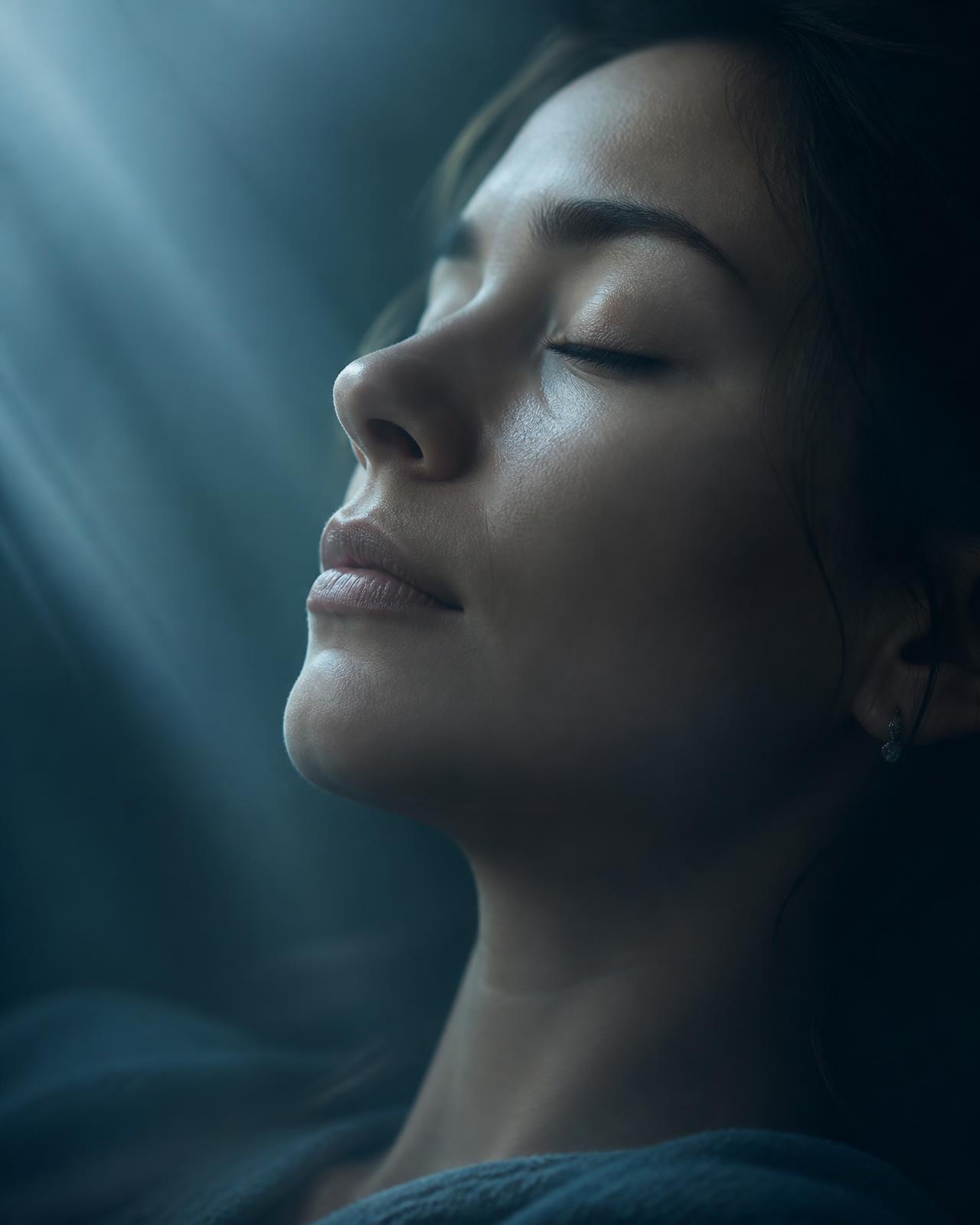Visage apaisé en état de relaxation profonde pendant une séance d'hypnose