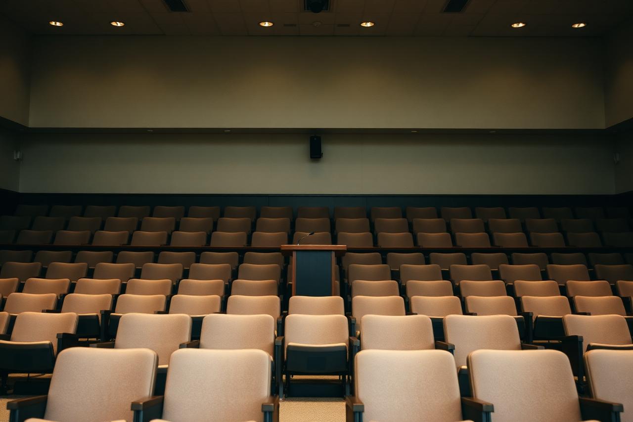 Auditorium vide avec pupitre, lumière douce et sièges clairs