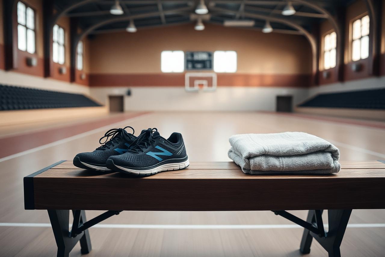 Chaussures de sport et serviette pliée sur un banc dans une salle vide
